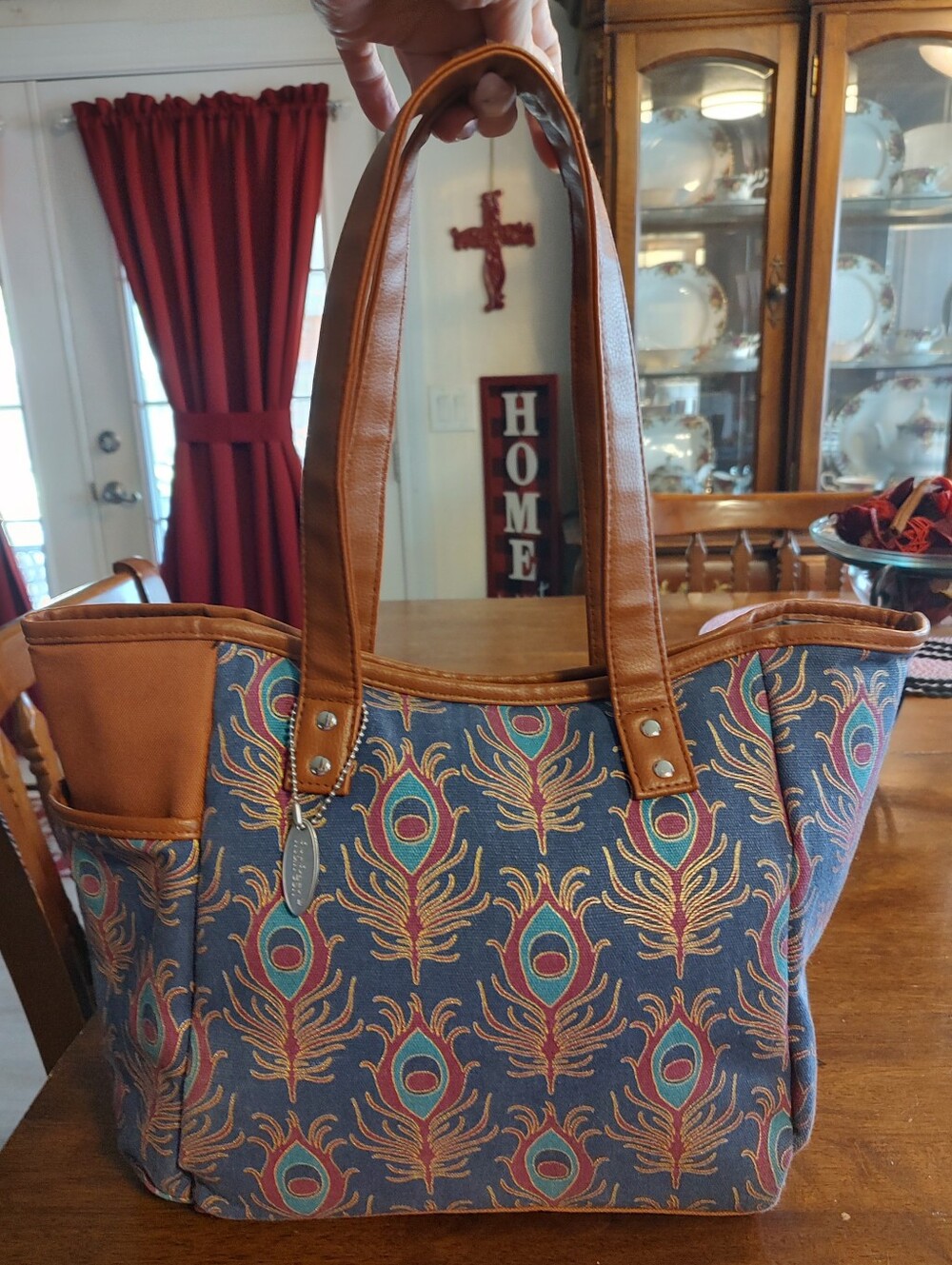 Peacock Feather Lunch Bag with Brown Trim